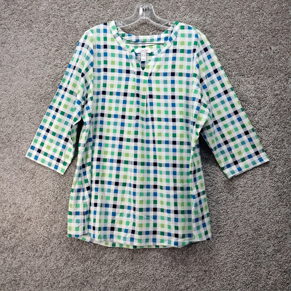 Denim & Co Womens 1X Multi Color Check 3/4 Sleeve Split V-Neck Tunic Top 7540
